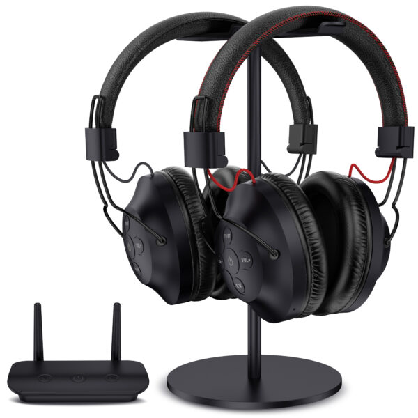 Hspro Dual Wireless Headphones for TV Watching Set of 2 with Transmitter & Headset Stand, 196ft Range with Optical, AUX, RCA and USB Output, High Volume Control, 30Hrs Playtime, No Delay, Duet Black