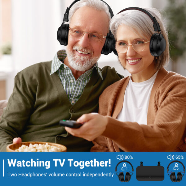 Hspro Dual Wireless Headphones for TV Watching Set of 2 with Transmitter & Headset Stand, 196ft Range with Optical, AUX, RCA and USB Output, High Volume Control, 30Hrs Playtime, No Delay, Duet Black - Image 4